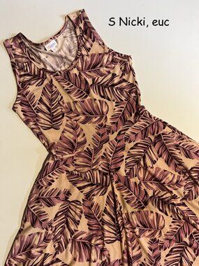 Small Lularoe Nicki sleeveless dress, yellow with pink purple leaves